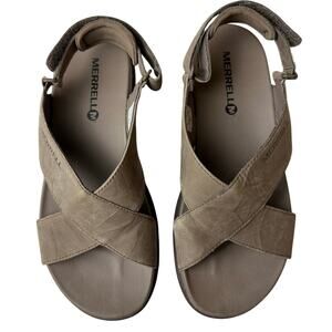 MERRELL Around Town Sunvue Nubuck Leather Strap Sandal in Stone Size 6